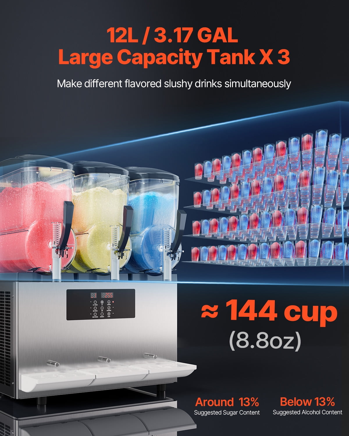 KFFKFF Commercial Slushy Machine, Frozen Drink Maker, Stainless Steel PC PP, 24.4×21.85×31.88 in