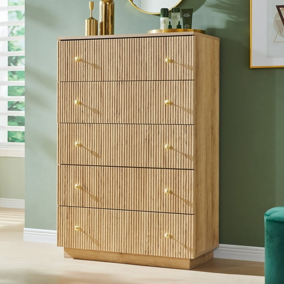 wow97e Fluted 5 Drawers Dresser, Wood Tall Chest of Drawers with Deep Storage, Modern Bedroom Chest for Closet Hallway, Entryway, Living Room