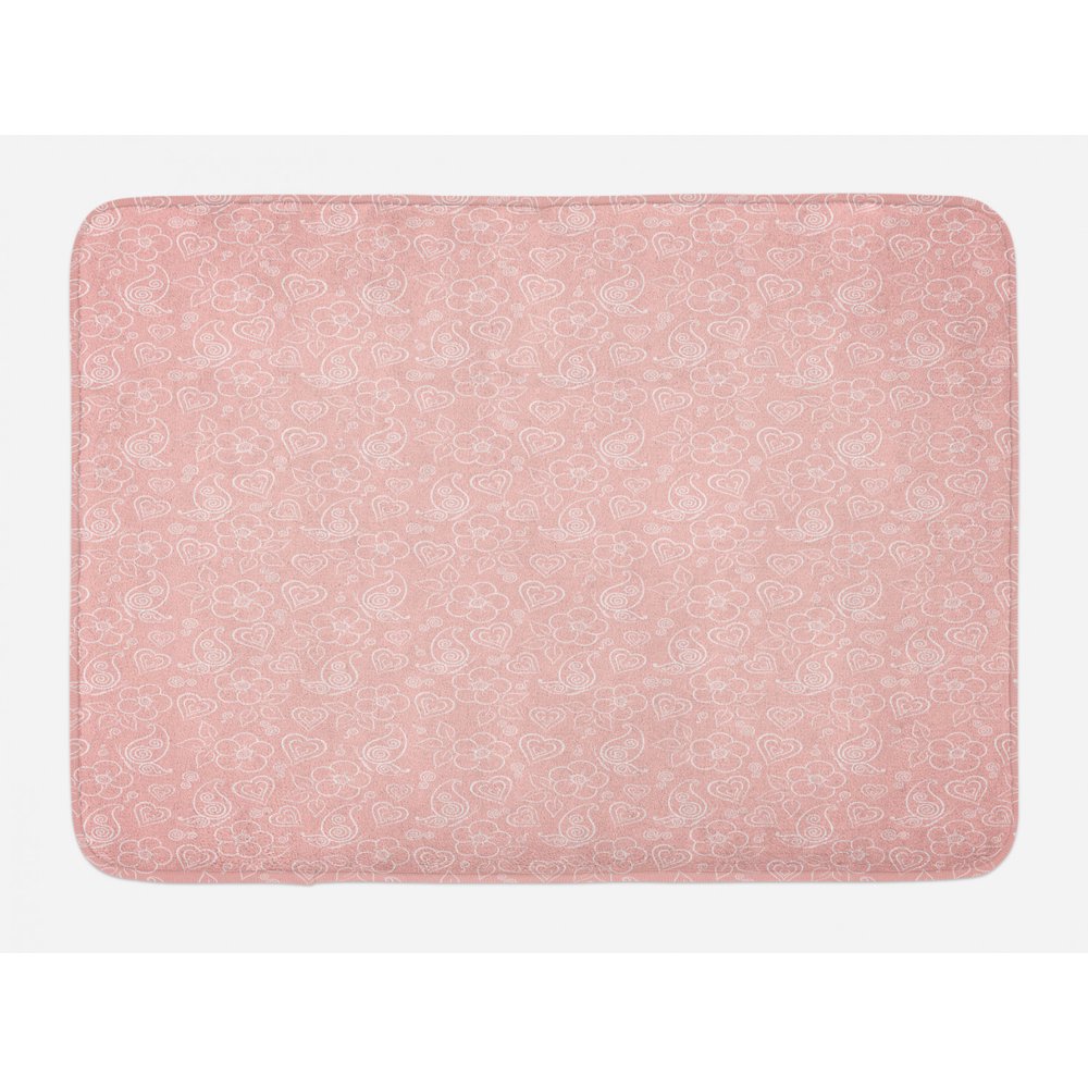Light Pink Bath Mat, Cute Flowers Spiral Leaves Heart Figures Lovers
