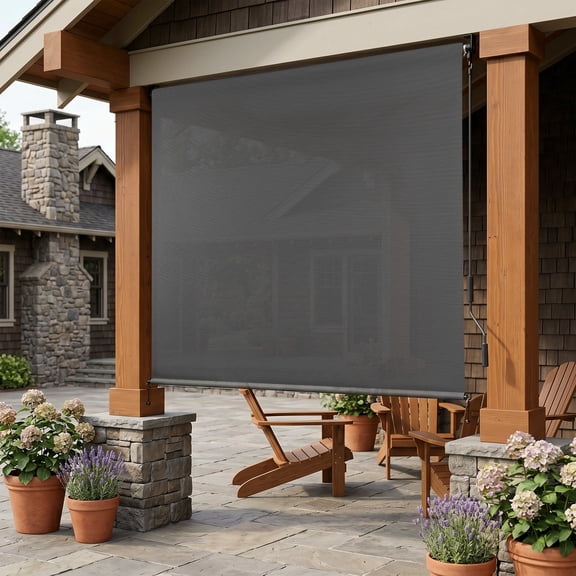 BPS Outdoor Roller Shades Porch Blinds, 5% Openness UV Protection Cordless Solar Fabric Sun Shade, 4'W x 8'H