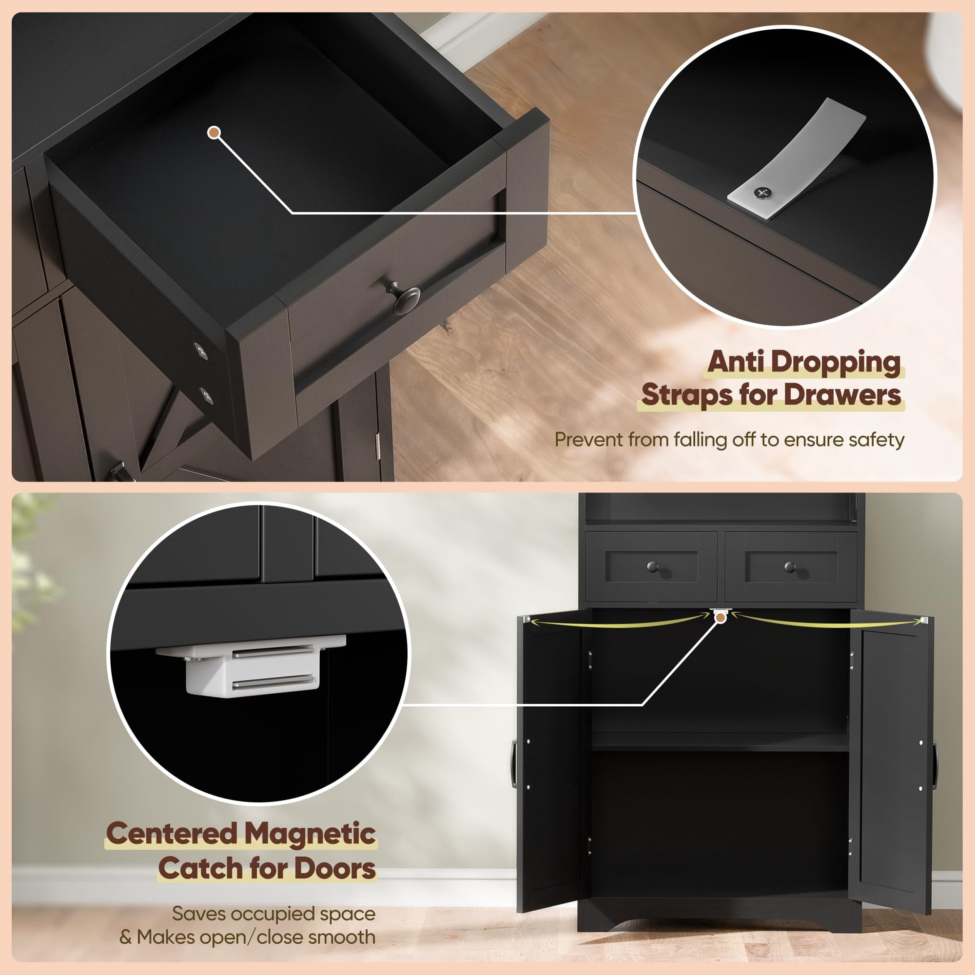 Farmhouse Storage Cabinet, Bathroom Floor Cabinet Kitchen Pantry with Doors and Drawers, Hutch Cupboard for Living Room, Bedroom, Laundry, Black