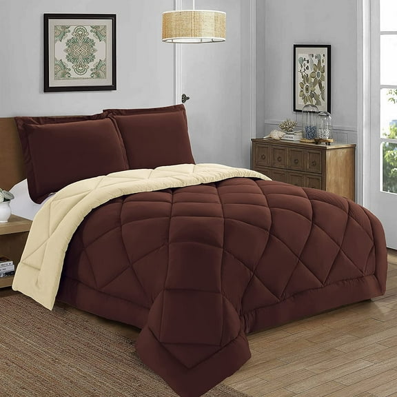 Elegant Comfort 3-Piece Reversible Comforter Set, All Season Suitable, Box-Stitched Down Alternative, King/California King, Brown/Cream
