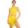 thumbnail image 4 of iiniim Women's Cha Cha Latin Salsa Dance Outfits Sleeveless Ruched Crop Top with Fringe Swing  Skirt Yellow XL, 4 of 7