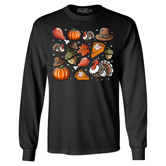 Shop4Ever Men's Thanksgiving Fall Collage Turkey Pilgrim Pumpkin Pie Long Sleeve Shirt 2XL Black