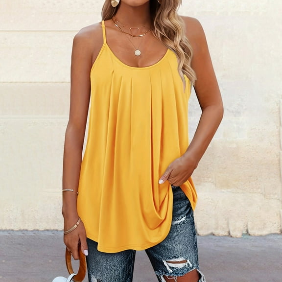 WTXUE Camisole Tops Sleeveless Tops Women Pleated Top Shirt Spaghetti Strap Camisole Fit Casual Sleeveless Summer Tank Tops Fashion Shirt Flowy Tops Loose Tank Tops for Women Tunic Tops Gold L