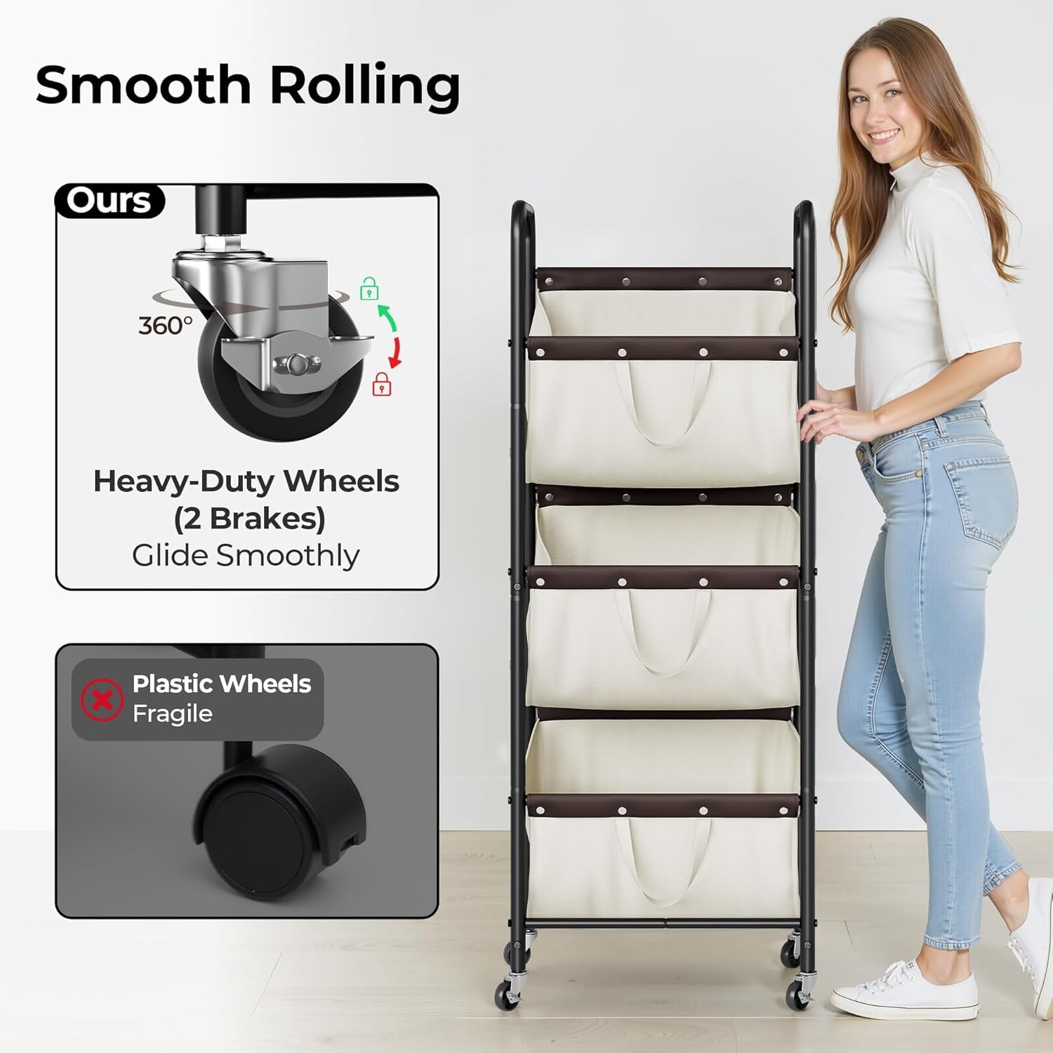 GRANNY SAYS 3-Tier Laundry Basket with Wheels, 120L Rolling Laundry Hamper Sorter, 3 Section Metal Frame Laundry Organizer, Removable Bags, Beige