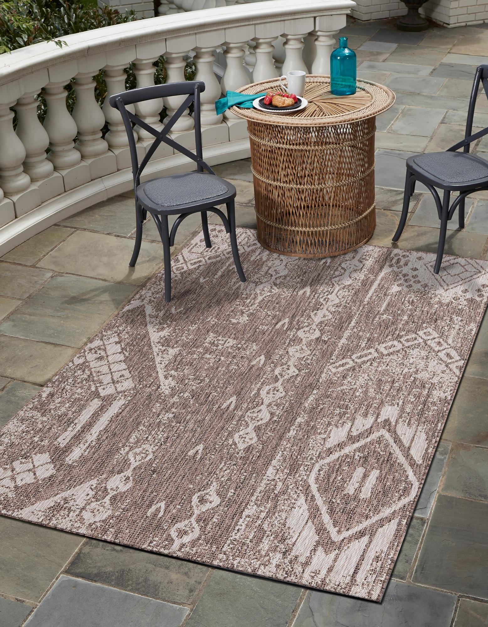 Outdoor Bohemian Collection Rug 9' x 12' Brown Flatweave Rug