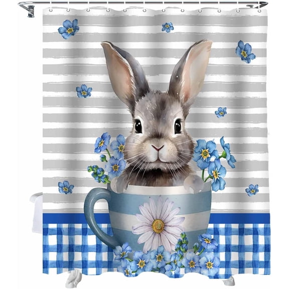 Easter Shower Curtain Bunny Flowers Teacup Shower Curtains for Bathroom Decor Blue Stripes Plaid Spring Bath Curtains Sets for Spring Easter Bathroom Decor Fabric Waterproof Small Stall 36" X 72"