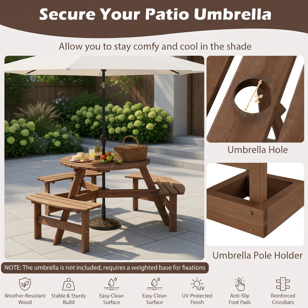 Hommoo 6-Person Round Outdoor Picnic Table Set with 3 Built-in Benches, Umbrella Hole & Weather-Resistant Fir Wood, Brown