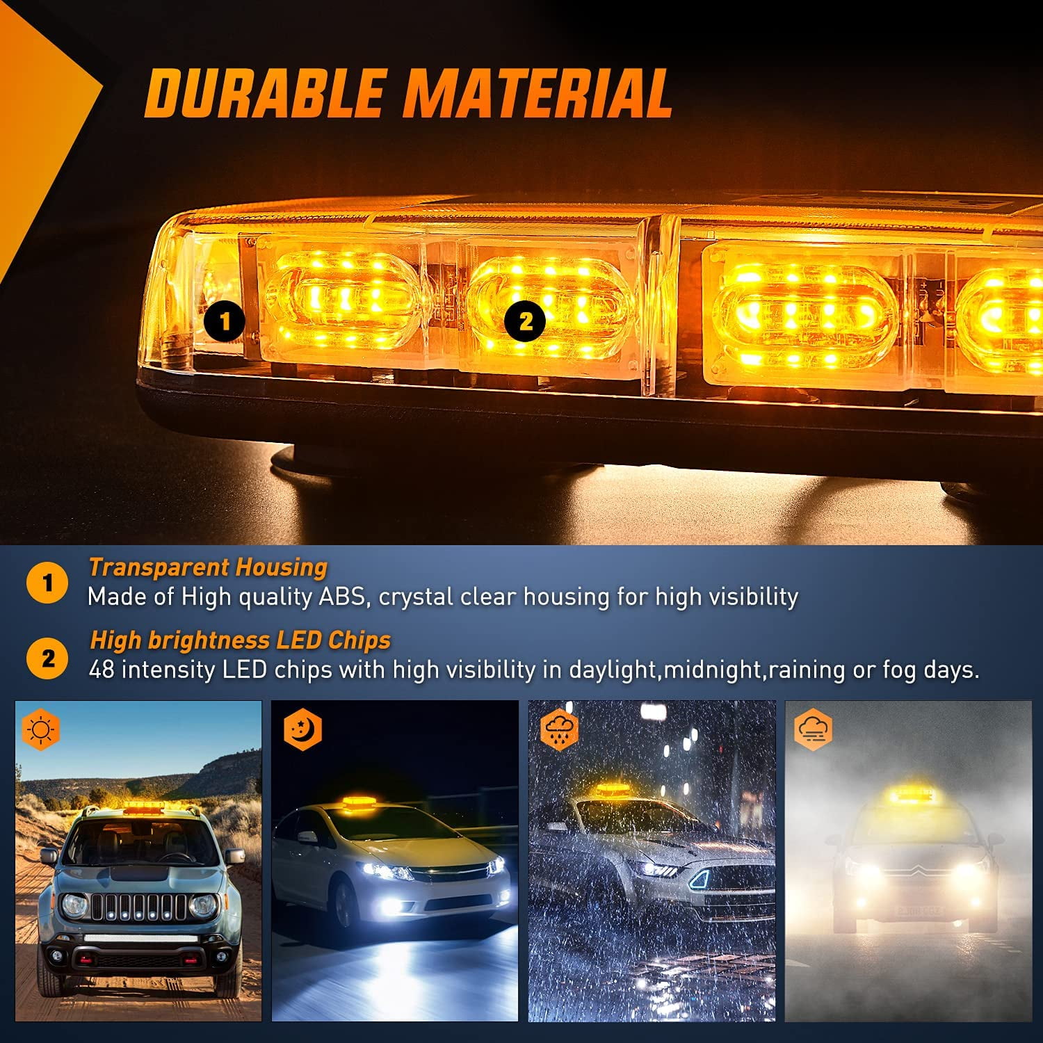 Nilight 2Pcs 12inch Roof Top Strobe Lights 48Led Hazard Light Emergency Safety Warning Led Flashing Light Bar Magnetic Mount 12V 24V for Cars Trucks Snow Plow Construction Vehicles