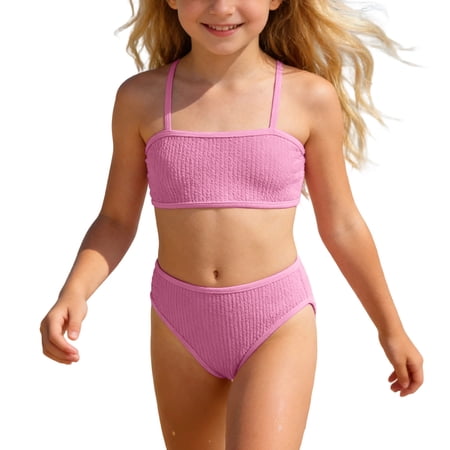 Rggeeun Toddler Girls Swimwear Square Collar Solid Color Sleeveless Summer Child Two Piece Bikini For Seasides Activity And Swmming Pink 10-11 Years
