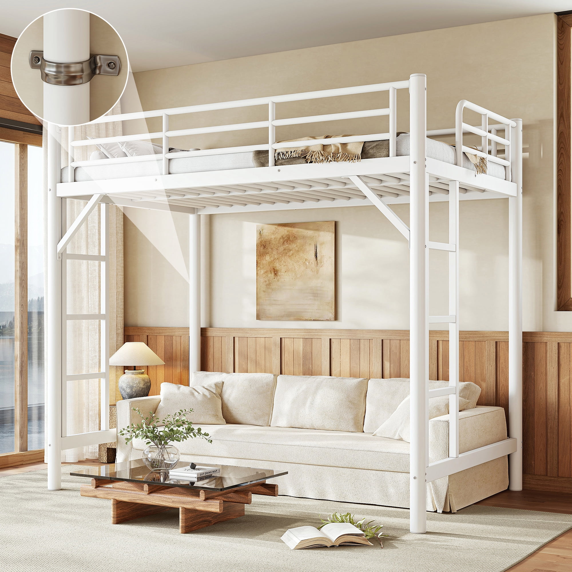 Mintazer Twin Metal Loft Bed Frame with Side Ladders & Guardrails for Teens Adults, No Box Spring Needed, White