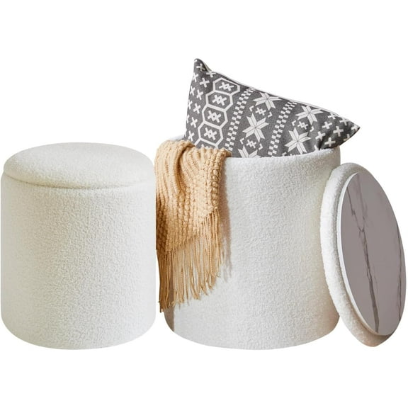 Storage Ottoman Set of 2 Round Ottoman for Dorm Teddy Fleece Vanity Stool with Storage Velvet Footrest Stool End Table Boucle Ottoman for Home Organization UWBD015W