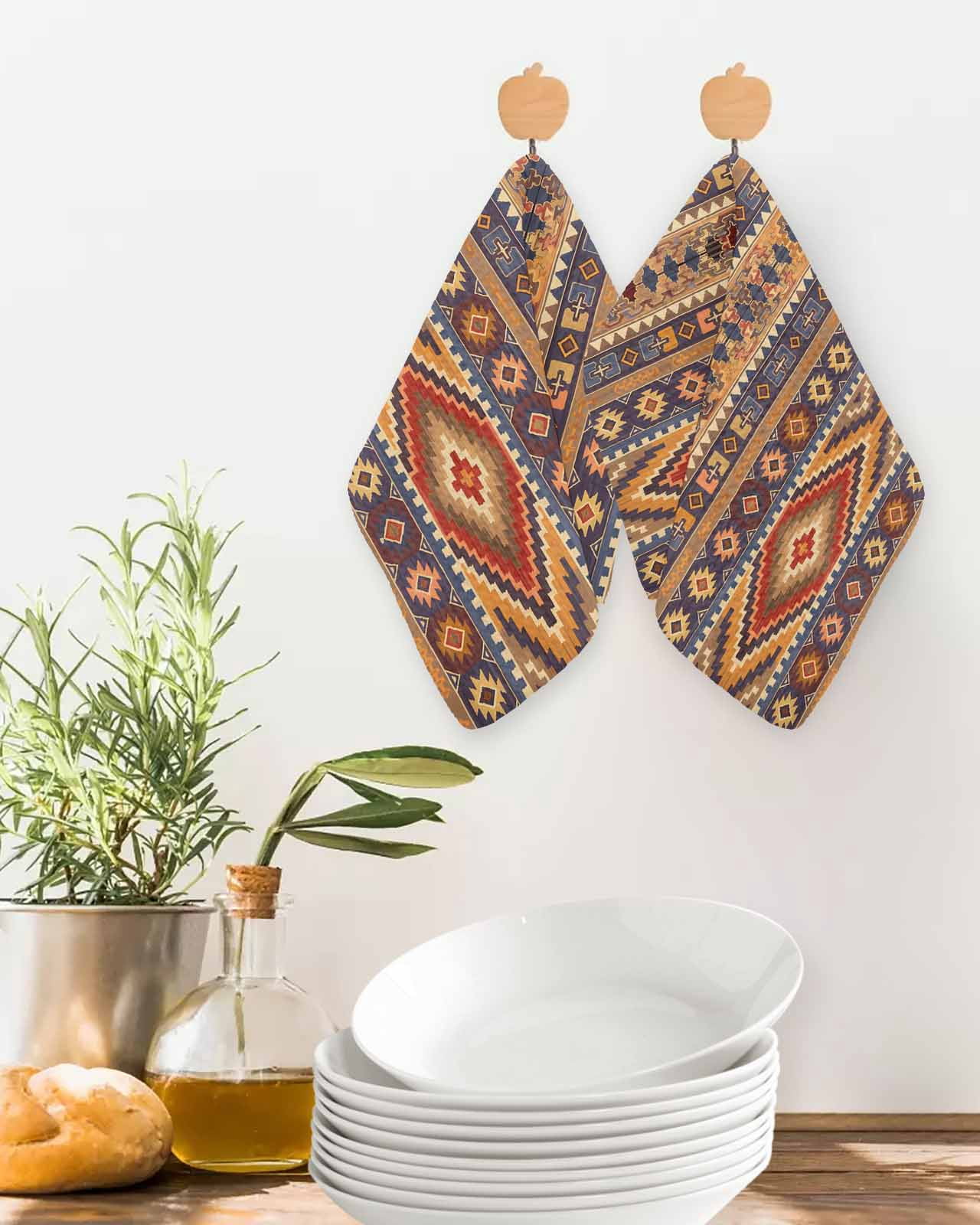 Southwest Boho Kitchen Dish Towels for Drying Dishes Set of 4, Retro Farmhouse Abstract Geometric Striped Waffle Weave Microfiber Terry Hand Tea Bathroom Towels Quick Dry & Absorbent Towel 12x12