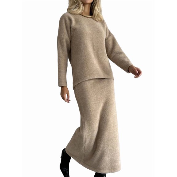 Women'S Casual 2 Pieces Set Crewneck Sweater and Fishtail Skirt Knit Outfits for Fall Winter Fashion Khaki S