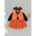 thumbnail image 3 of Qiylii 3 Pieces Baby Halloween Outfits Set, Pumpkin Letter Dots Print O-Neck Long Sleeve Dress+ Solid color Waistcoat+ Headband, 0-3 Years, 3 of 9