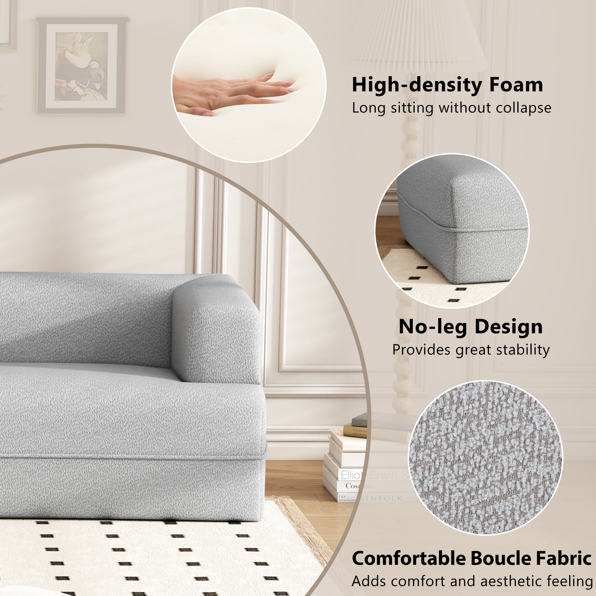 Aukfa 109.4" Curved Chaise Lounge Sofa Couch for Living Room, Boucle, Gray