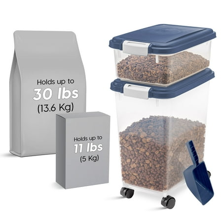 ( incomplete ) IRIS USA 30 lbs & 11 lbs Combo Airtight Dog Food Storage Container Stackable Treat Box 2-Cup Scoop Casters Keep Fresh Easy Mobility Navy