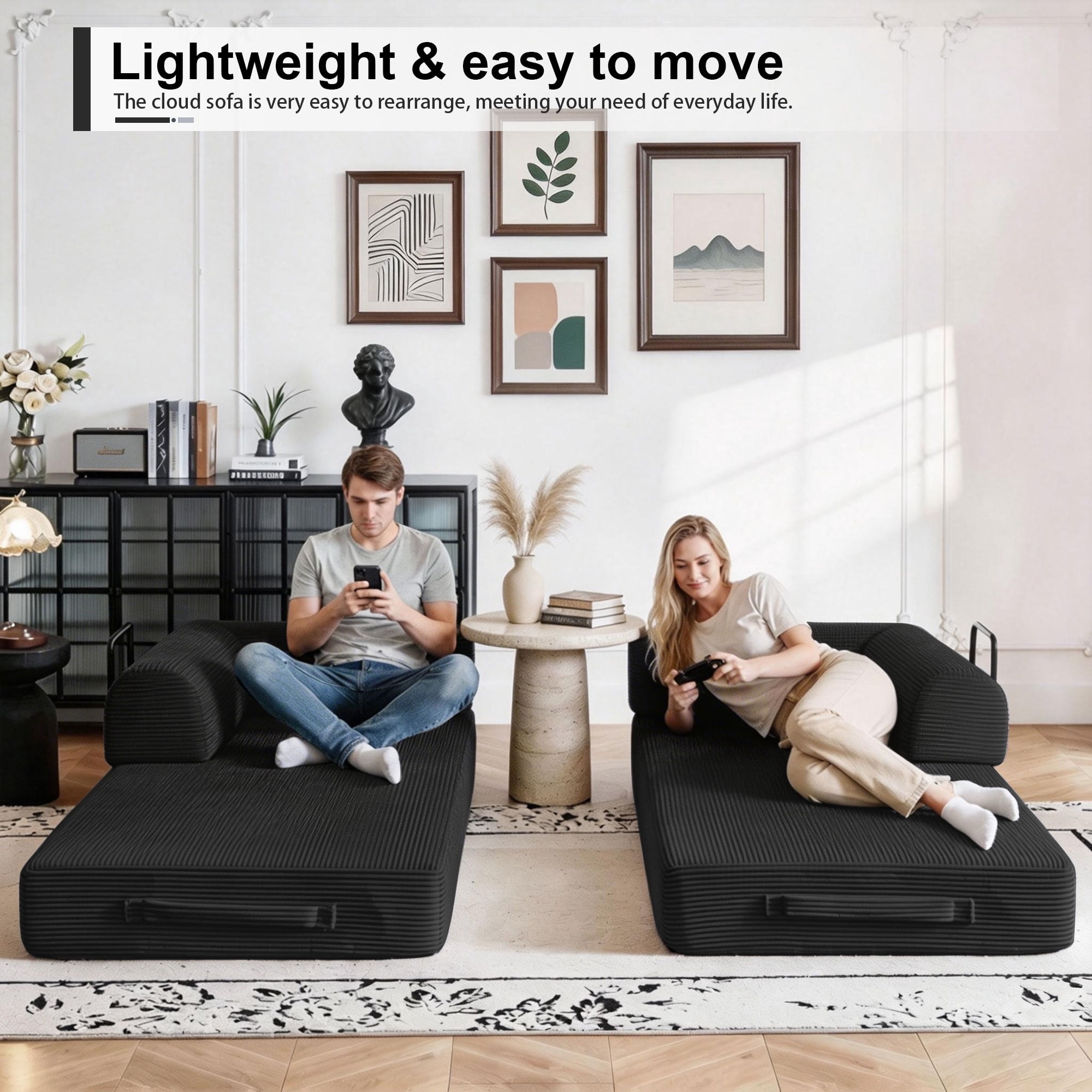 Convertible Floor Sofa Bed, Holaki 63" Foldable Compression Loveseat Lounge Sleeper Sofa with Pillow & Fixed-Shape Frame, Corduroy Folding Boneless Sofa Couch for Living Room, Small Space, Black