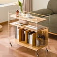 thumbnail image 4 of Acrylic End Table with Wheels, 3-Tier Clear Sofa Side Table Modern Coffee Table with Open Bamboo Storage Shelf, Rolling Storage Acrylic Cart Home Decor Nightstand for Living Room Bedroom (Wood Color), 4 of 7