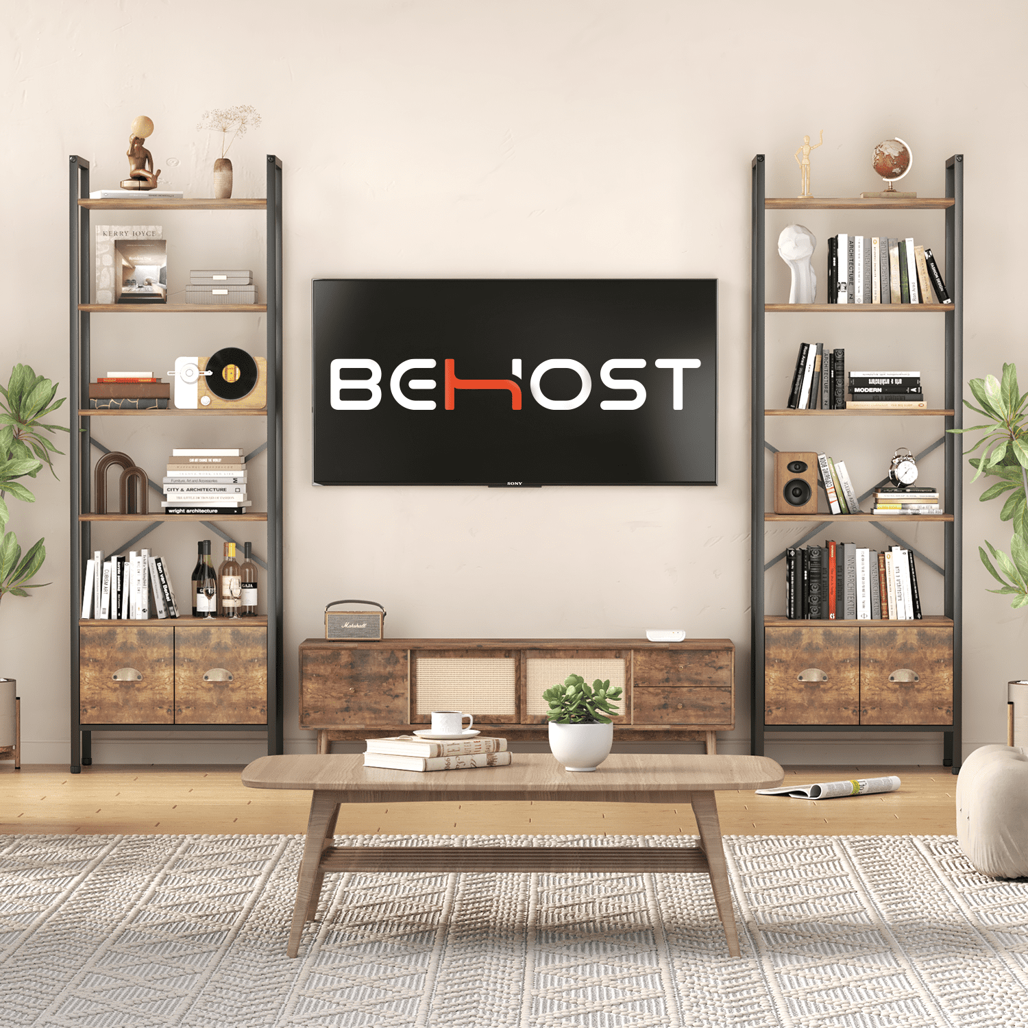 BEHOST 6-Tier Storage Rack Bookshelf with 2 Fabric Drawers, Tall Metal Frame bookcase for living room and Office, Rustic Brown