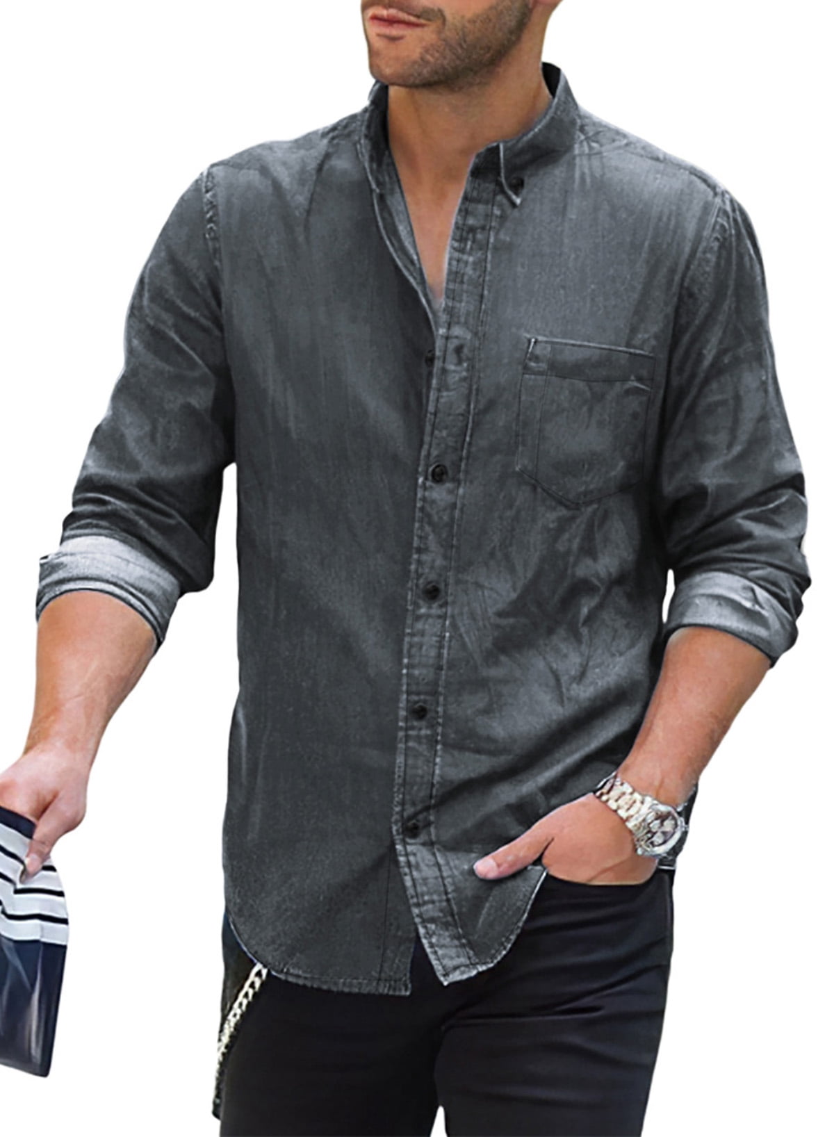 JMIERR Big and Tall Mens Regular Fit Long Sleeve Denim Shirts Button