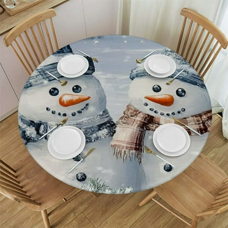 

Heduofu Winter Christmas Round Fitted Tablecloth Cute Snowman Waterproof Table Cover with Elastic Edged Flower Leaves on Blue Wood Grain Wipeable Table Cloths 46 -50