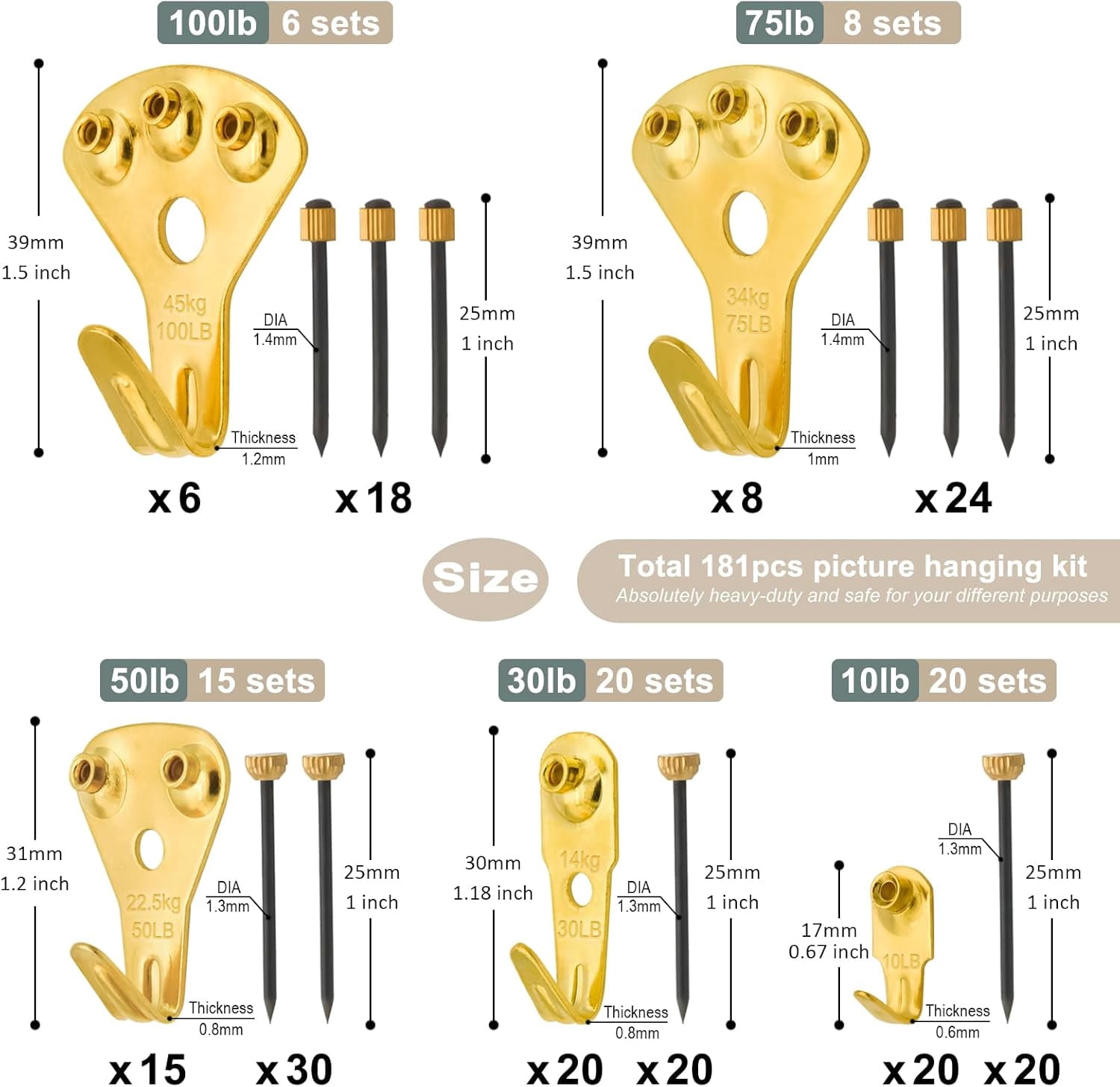 Picture Hangers, Heavy Duty Picture Hanging Kit with Hooks and Nails for Drywall Wooden Wall (Gold)