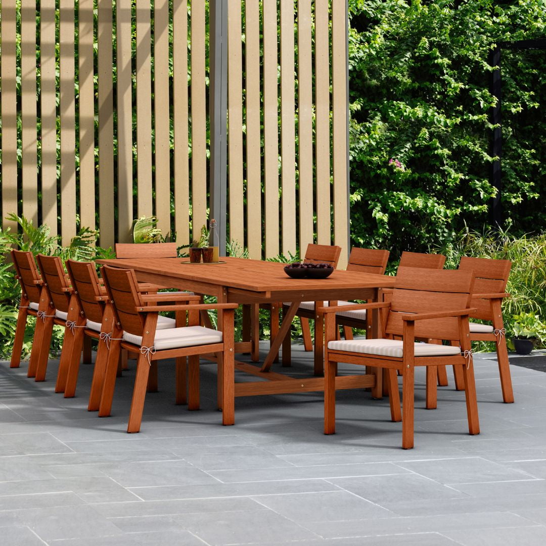 Gerald 11-Piece Eucalyptus Extendable Patio Dining Set, Off-White/Beige Striped Cushions