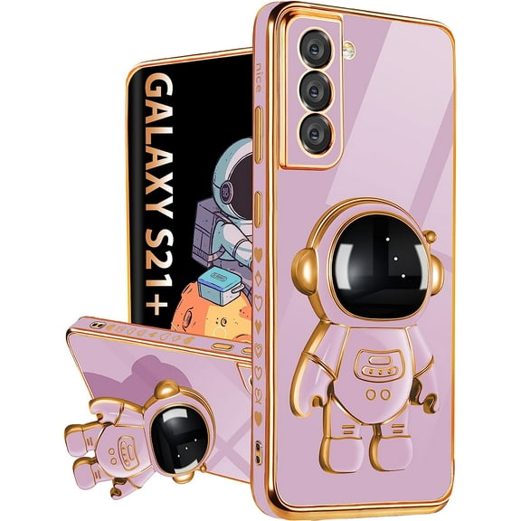 For Samsung Galaxy S21 Plus Case with Astronaut Stand, Women Girls Galaxy S21 Plus Cases, Girly Cute 6D Outer Space Heart Pattern Phone Cover for S21  6.7 Inch Purple
