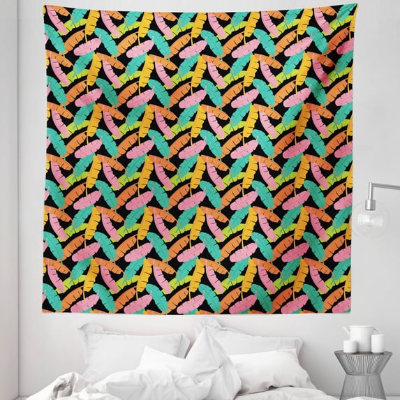 Tropical Tapestry, Banana Leaves in Colorful Design on Dark Background Exotic Fruit Tree Jungle, Fabric Wall Hanging Decor for Bedroom Living Room Dorm, 5 Sizes, Multicolor, by Ambesonne