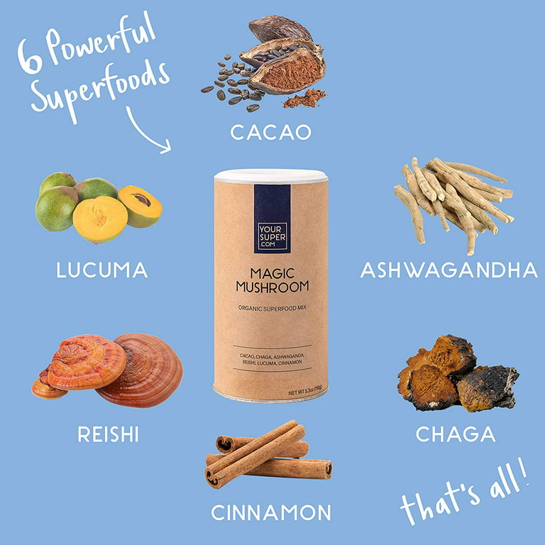 Your Super Magic Mushroom Superfood Powder Mushroom Supplement for Natural  Calm Brain Health and Immune Support Made with Organic Ashwagandha Lucuma  Reishi and Chaga Powder (30 Servings)