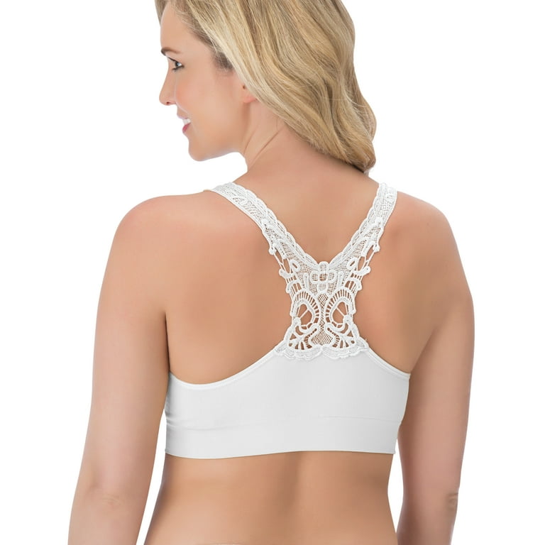 Collections Etc Women's Seamless Lace Butterfly Racerback Bra - Soft Nylon  with Slip-On Design, White, Large 