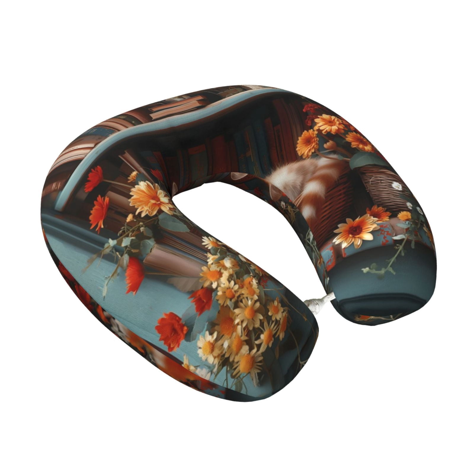 Xecao Cat Asleep Among Flowers Print Memory Foam Cervical Neck Pillow Versatile U-Shaped Pillows for Home,Office,Camping,Travelling,Soft Washable Cover