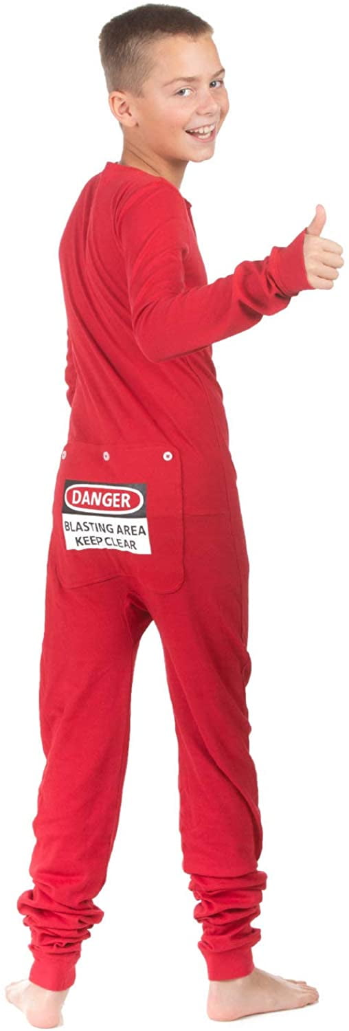 Red Union Suit Boys & Girls Kids Pajamas Danger Blast Area Sign on Rear