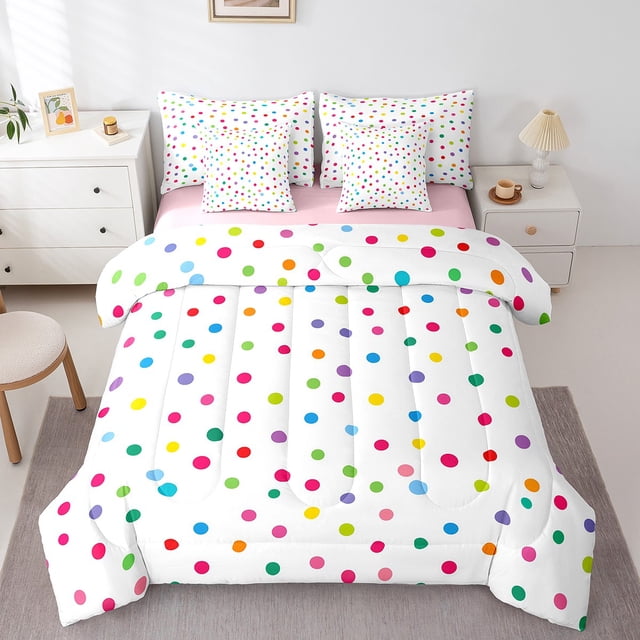Colorful Dots Full Comforter Cover,Polka Dot Printed Bedding Set for Kids Boys Rainbow Geometry 7 Pieces Bed In A Bag ,Soft And Microfiber Modern Pattern Bed Set Hand-Painted Sheet Set