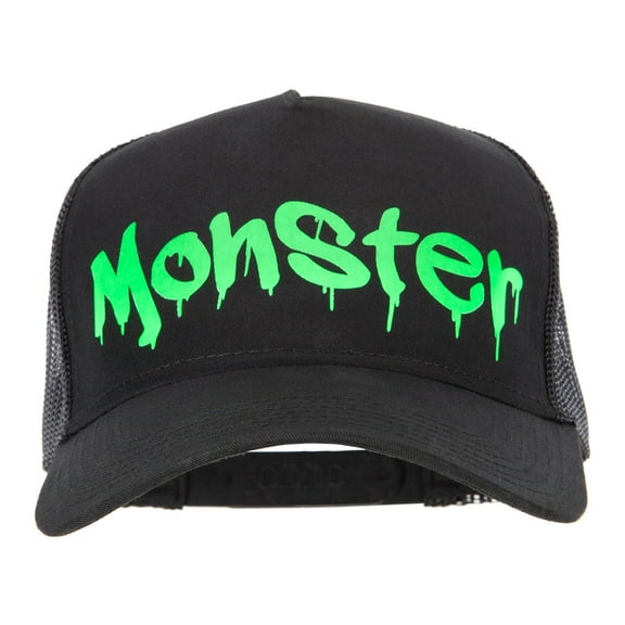 Halloween Monster Design Heat Transfer Solid Cotton Twill 5 Panel Mesh Cap - Black OSFM