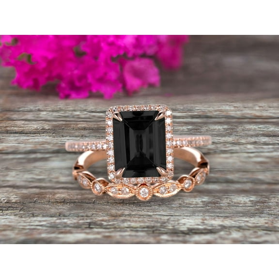 2.25 Carat Emerald Cut Black Diamond Moissanite Engagement Ring Set Bridal Ring 10k Rose Gold Art Deco Halo Stacking Matching Band Shining Startling Ring Gift
