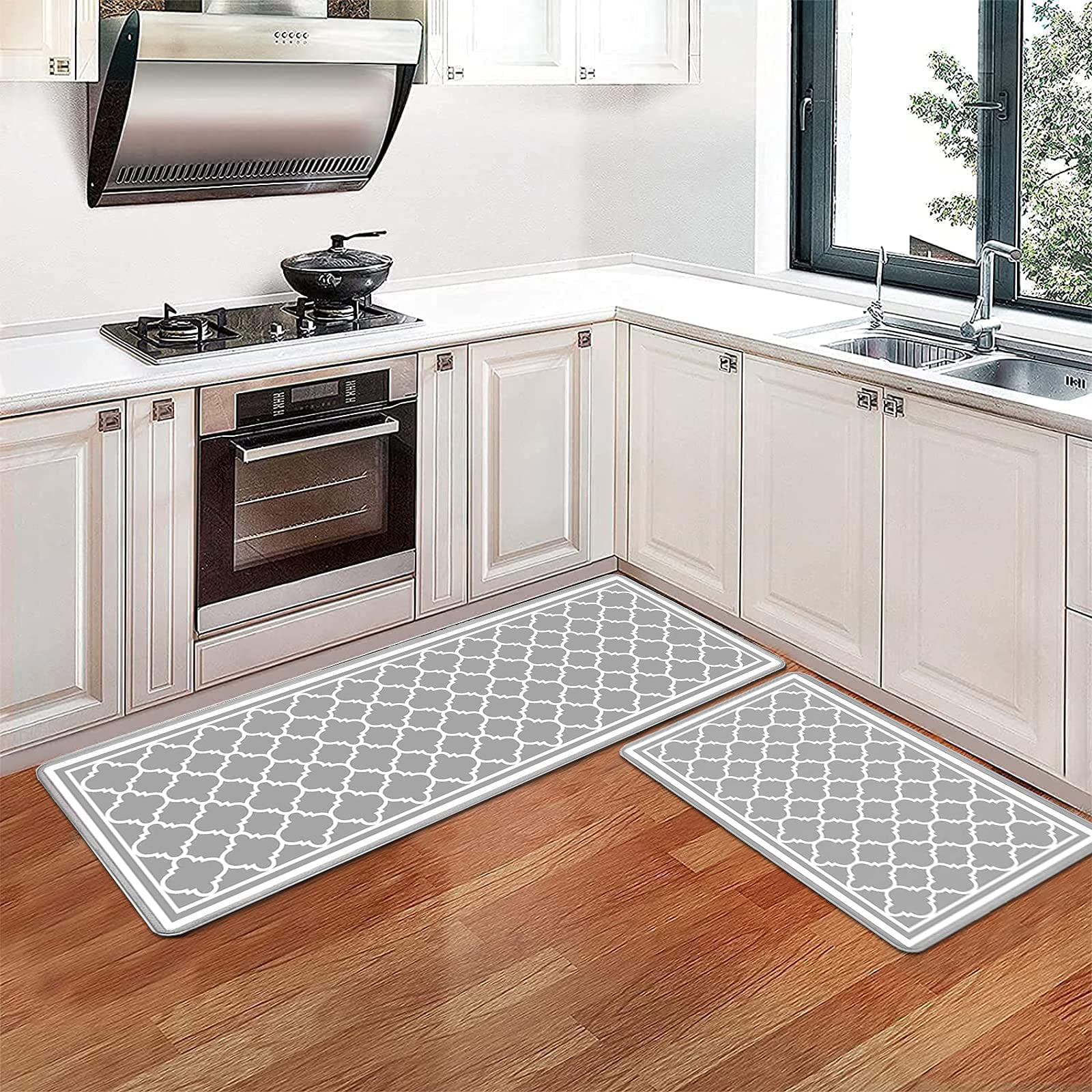 17.5 x 47inch+17.5 x 28inch;Grey Kitchen Mats Home Office 2 PCS Rug Set Non-slip Anti-Fatigue Waterproof Oil-proof Floor Mat Comfort Standing for Kitchen