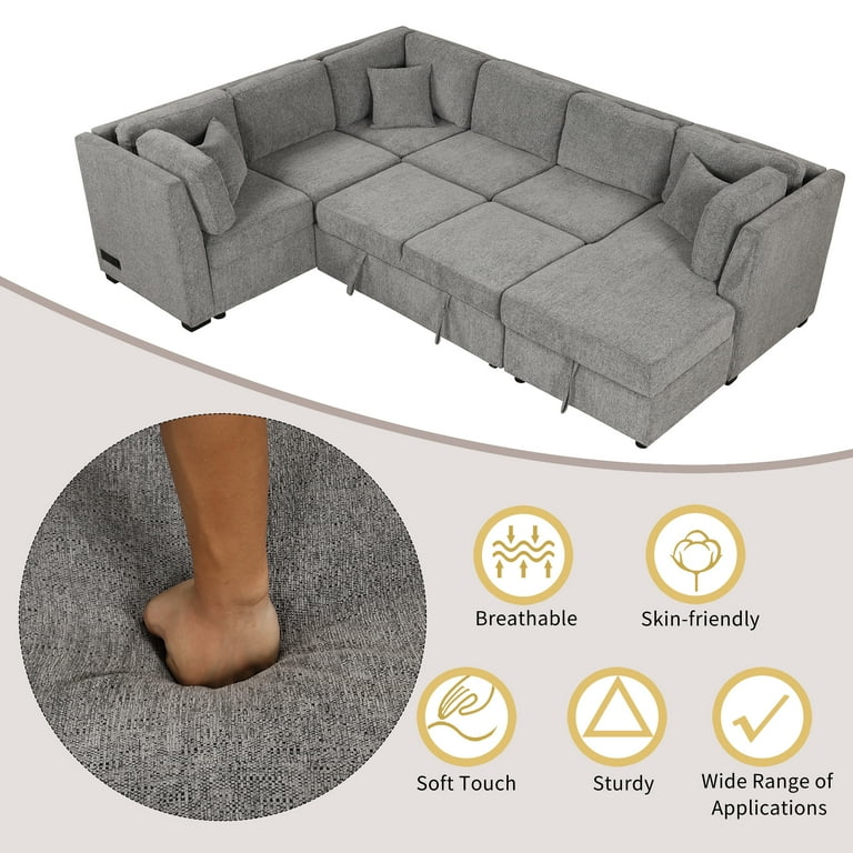Free Shipping EUROCO 108.6 U shaped Sectional Sofa Pull out Sofa Bed Chenille Sofa Couch with 2 USB Ports 2 Power Sockets 3 Back Pillows and a Storage Chaise for Living Room Light