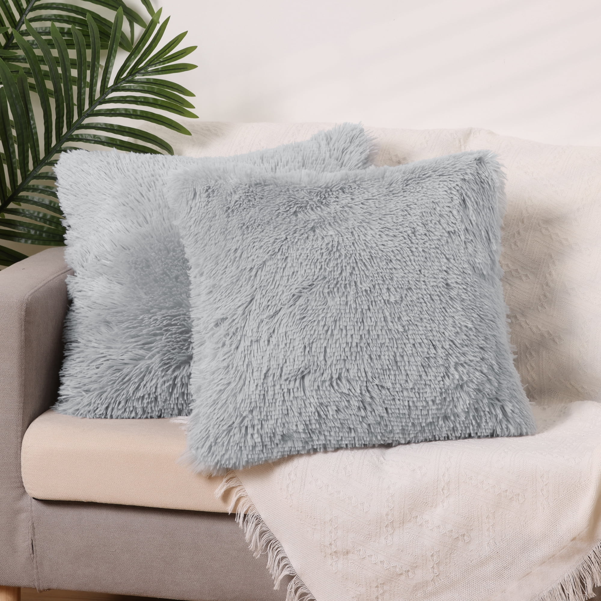 Unique Bargains 4 Pcs Solid Throw Pillow Covers Soft Plush Decorative Covers Light Grey/Pink 18" x 18"
