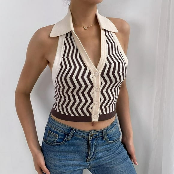 Gilet Tricoté Y2k pour Femmes à Col Licou Sans Manches à Boutons, Haut à Col Licou à Décolleté Plongeant, Camisole Courte, Coupe Ajustée, Mode Urbaine, Brun Foncé