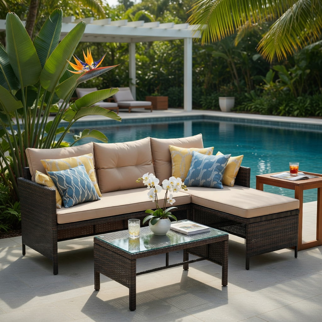 Hommoo 3-Piece Outdoor Wicker Patio Sofa Set with Tempered Glass Coffee Table, Rattan Sectional for Backyard, Deck or Balcony, Brown