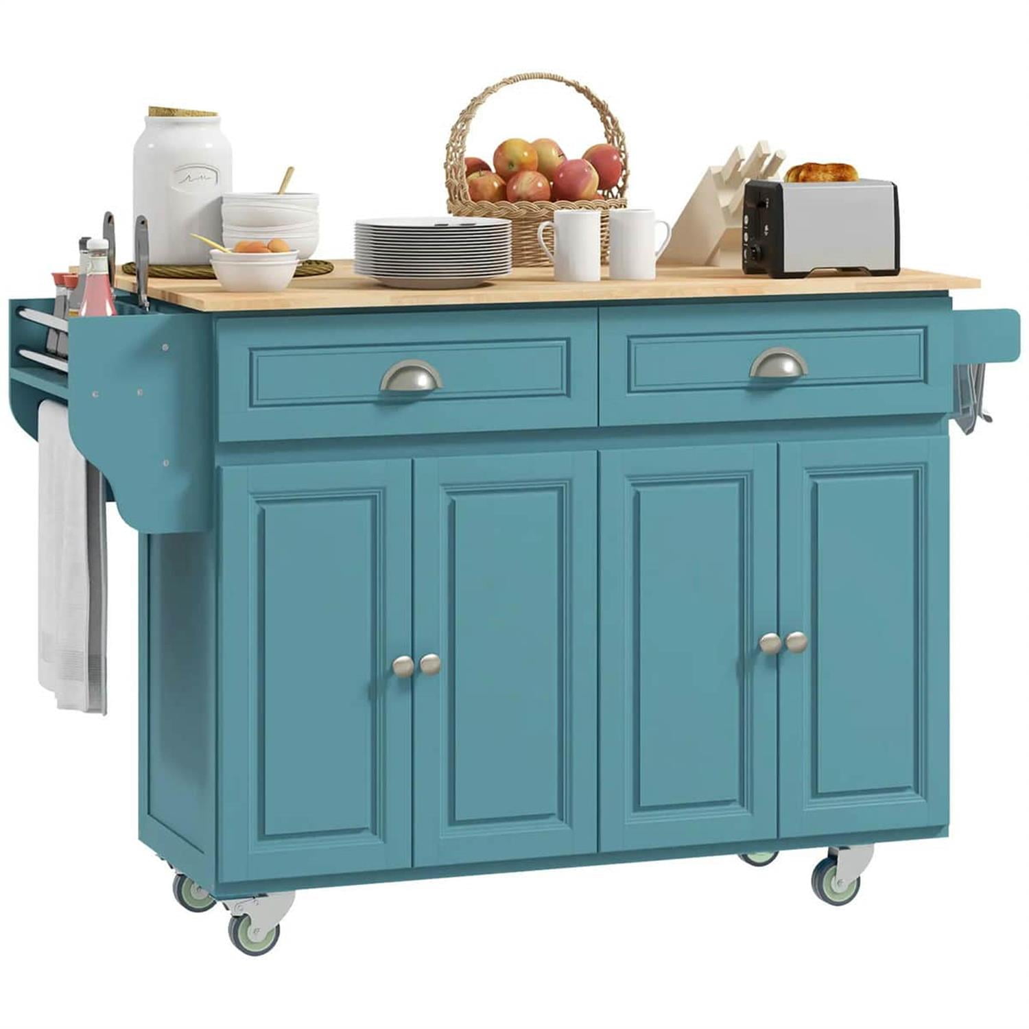Demi Bonn 57" Rolling Kitchen Island with Drop Leaf, Mobile Cart in Rubber Wood, 2 Drawers & 2 Cabinets, Island Table for Kitchen & Dining, Blue