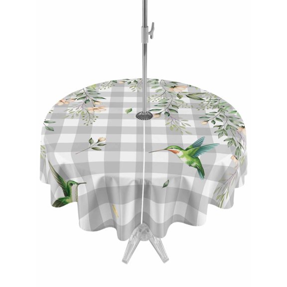 Outdoor Tablecloths with Umbrella Hole & Zipper, Watercolor Floral Round Tablecloths 60 Inch, Spring Flowers Birds Plants Gray Plaid Waterproof Table Cloth, Patio/Pool/Picnic Table Covers