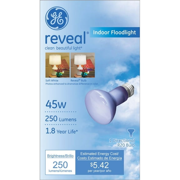 GE Lighting 73439 Reveal R20 Reflector Floodlight Bulb, 45W, Each