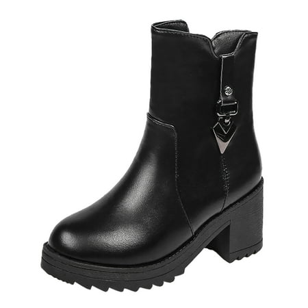 

Fashion Women Artificial Leather Solid Color Winter Thick Sole Square Heels Zipper Mid Booties Round Toe Keep Warm Plush Shoes