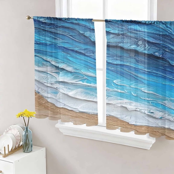 Coastal Ocean Sheer Curtains for Living Room Bedroom, Beach Dark Blue Waves Gradient Oil Painting Light Filtering Sheer Curtain Rod Pocket Voile Window Treaments Drapes, 52 x 54 Inches