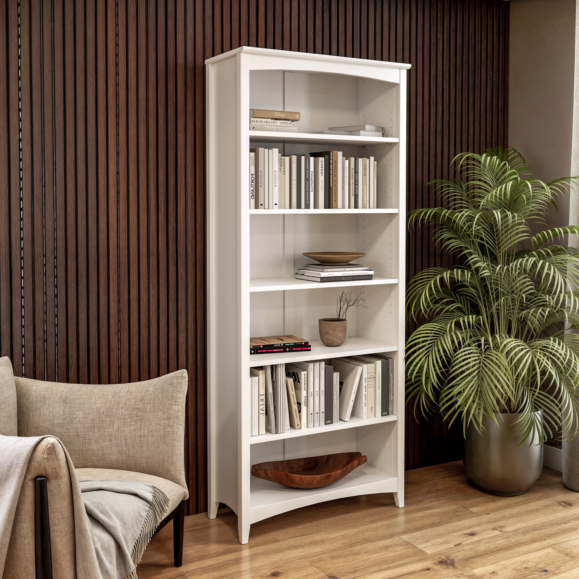 Camaflexi 72” Shaker Style 6-Shelf Wooden Bookcase Closed Back Storage Shelf, White