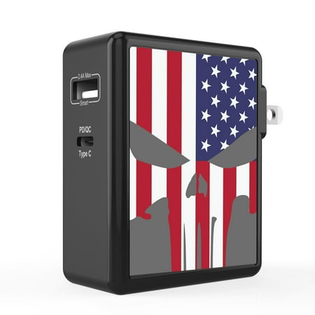 

Infuze 45W Wall Charger for Google Pixel 5a (2-Ports: Power Delivery USB-C 2.4A USB-A) with Touchless Tool - USA Skull Flag